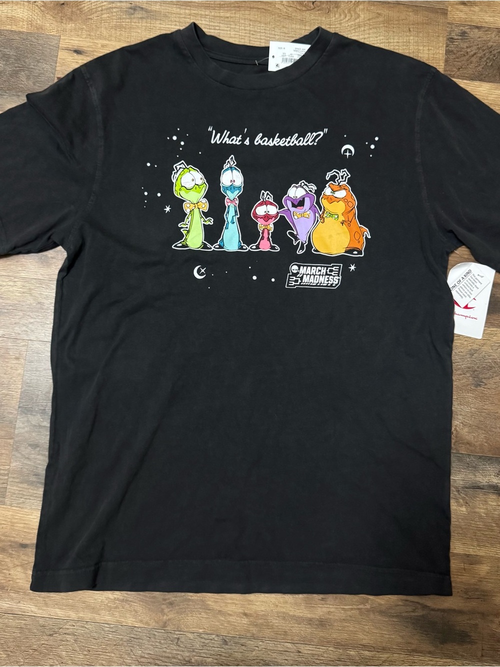 Champion Black March Madness Graphic Tee with Colorful Alien Characters